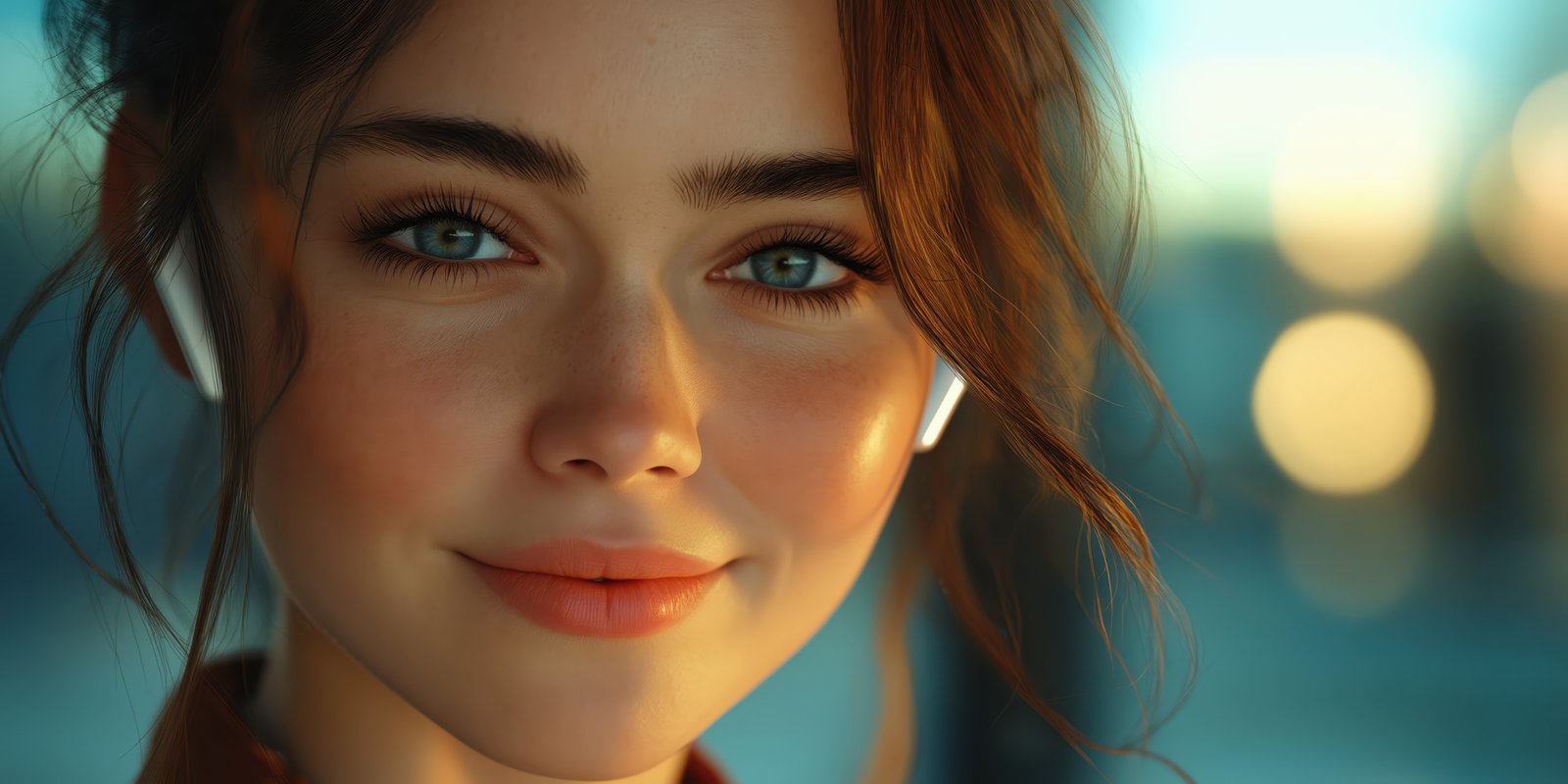 Young woman enjoying music with wireless headphones in a sunlit urban setting during golden hour
